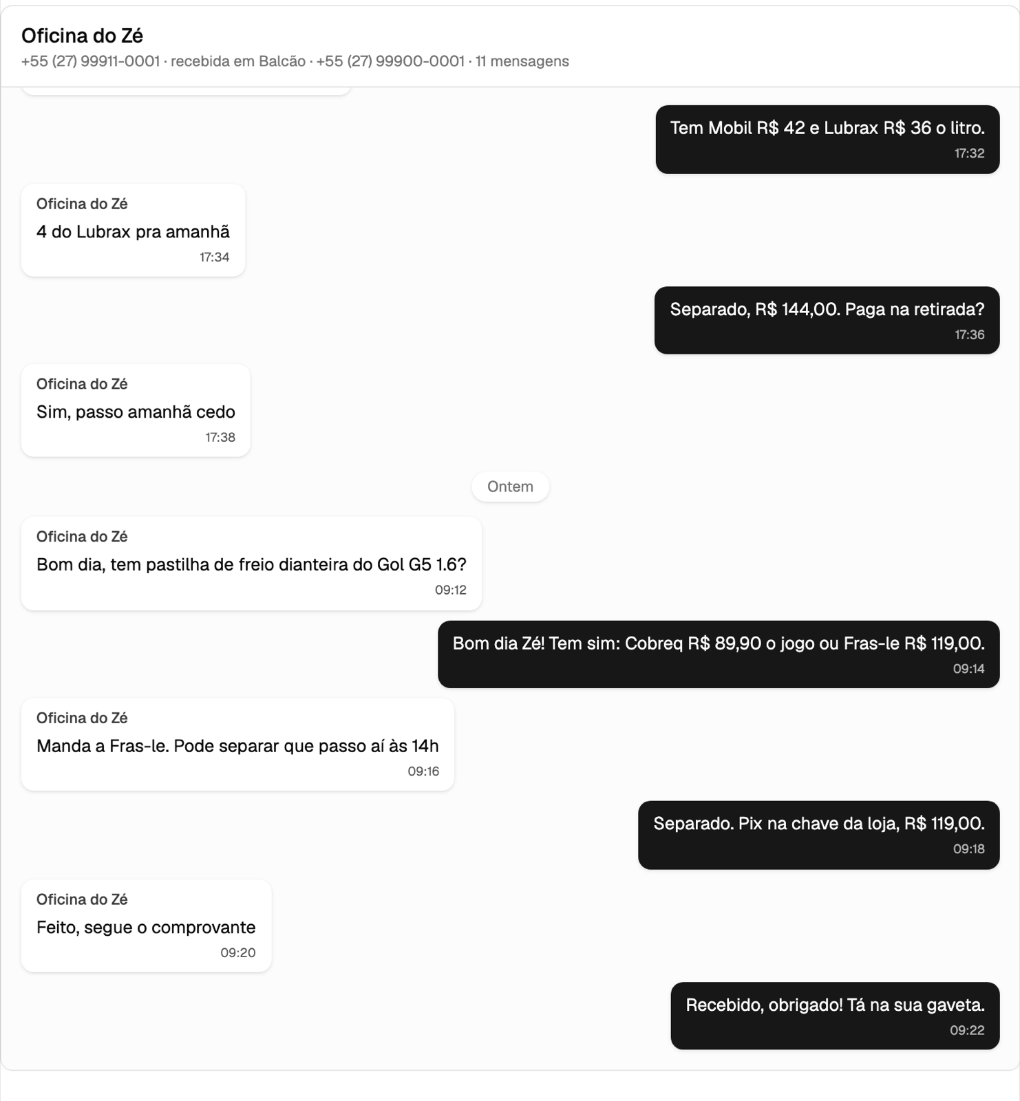 Conversa de WhatsApp entre a Oficina do Zé e o vendedor, com pedido de pastilha de freio, preços e confirmação de pagamento